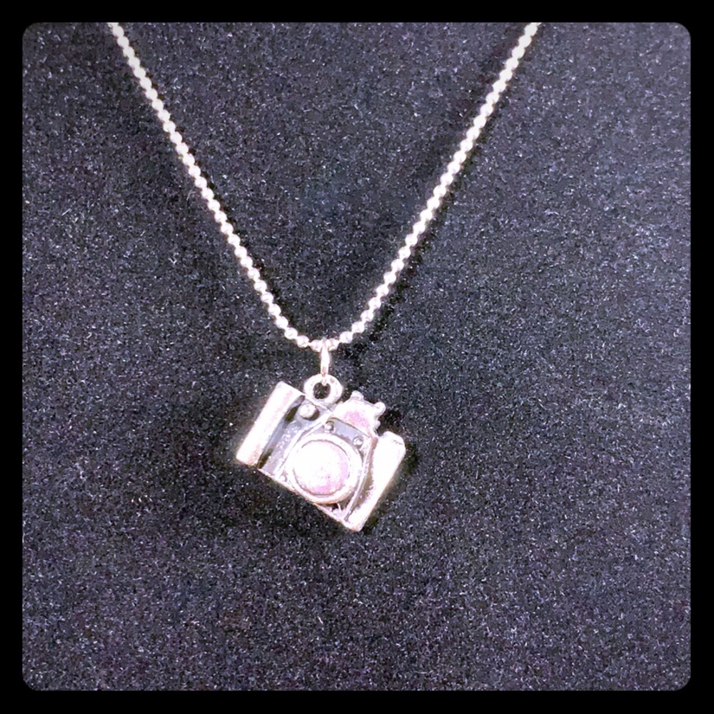 Camera pendant burnished silvertone